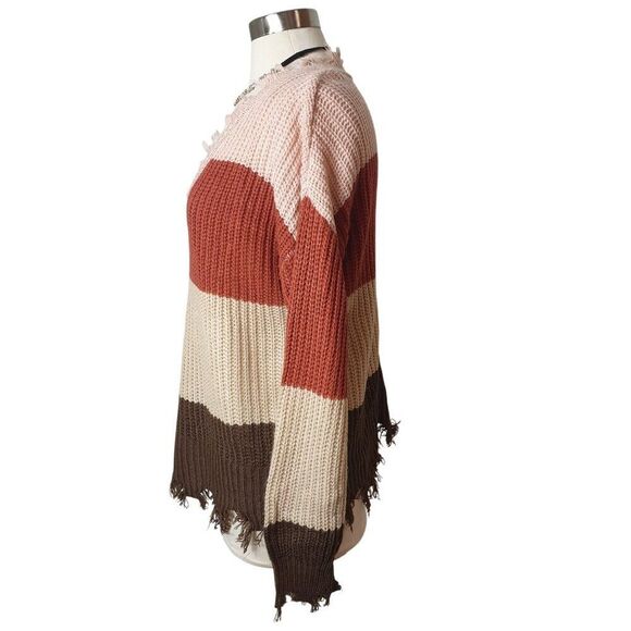 Alison Andrews Oversized Sweater M V-neck Frayed Hem Distressed Striped Coastal - Picture 4 of 7